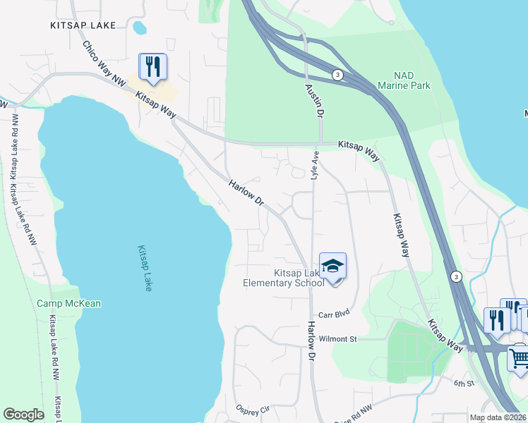 map of restaurants, bars, coffee shops, grocery stores, and more near 1508 Kitsap Drive in Bremerton