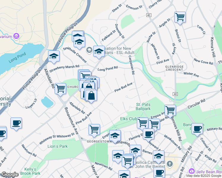 map of restaurants, bars, coffee shops, grocery stores, and more near 4 Beech Place in St. John's