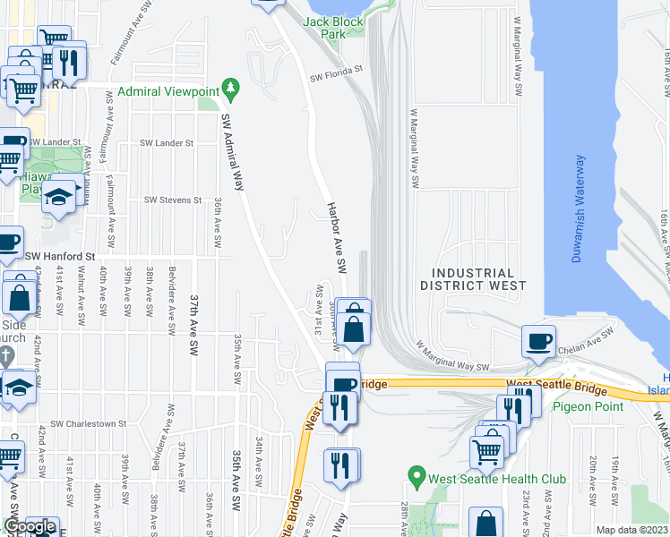 map of restaurants, bars, coffee shops, grocery stores, and more near 3213 Harbor Avenue Southwest in Seattle