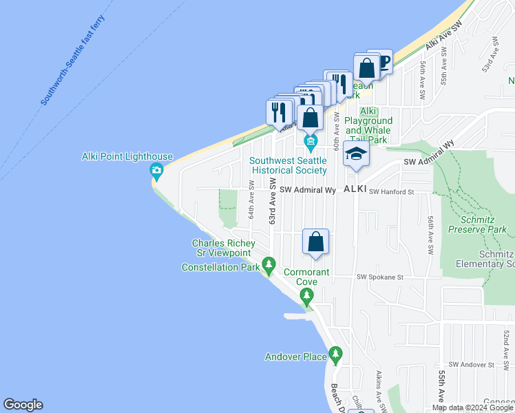 map of restaurants, bars, coffee shops, grocery stores, and more near 3222 64th Avenue Southwest in Seattle