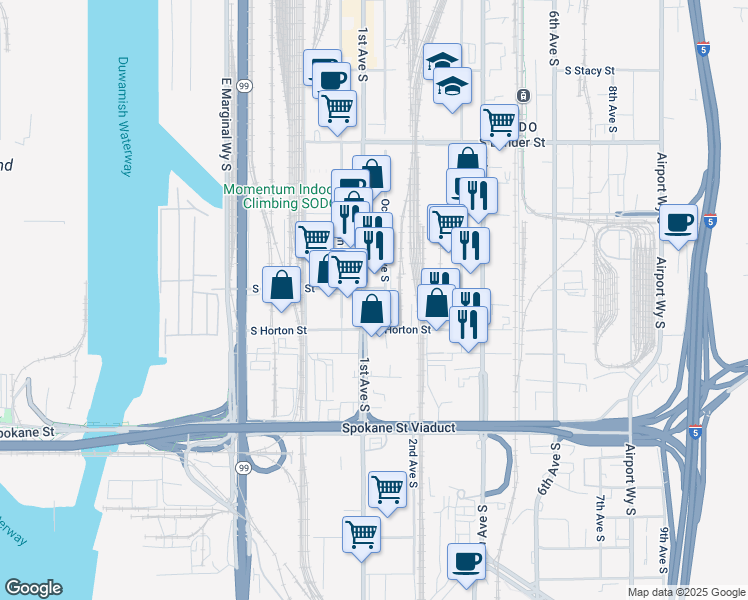 map of restaurants, bars, coffee shops, grocery stores, and more near 3200 1st Avenue South in Seattle