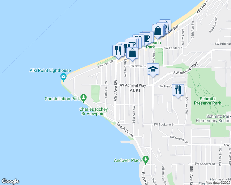 map of restaurants, bars, coffee shops, grocery stores, and more near 63rd Avenue Southwest in Seattle