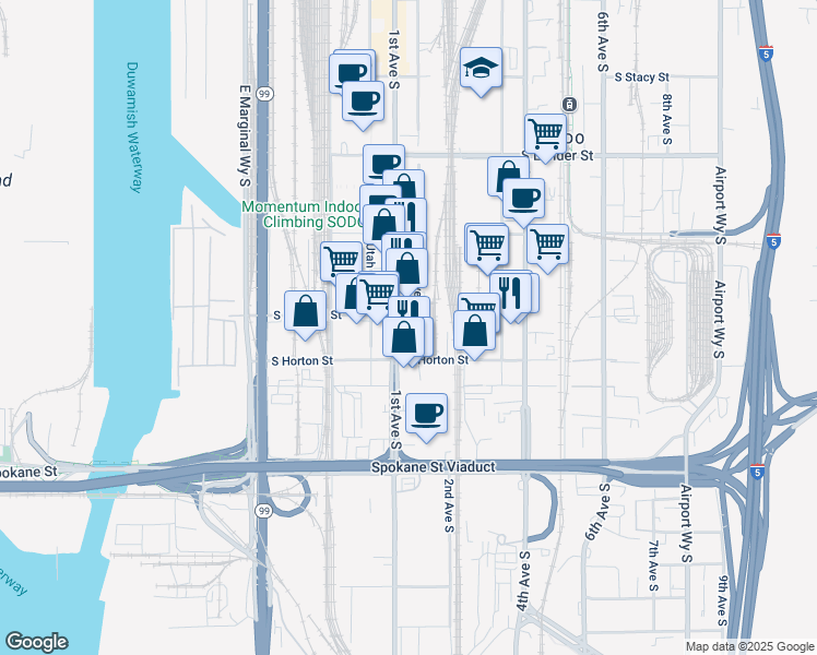 map of restaurants, bars, coffee shops, grocery stores, and more near 3200 1st Avenue South in Seattle