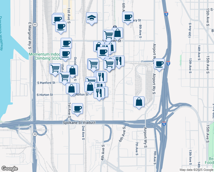 map of restaurants, bars, coffee shops, grocery stores, and more near 3200 4th Avenue South in Seattle