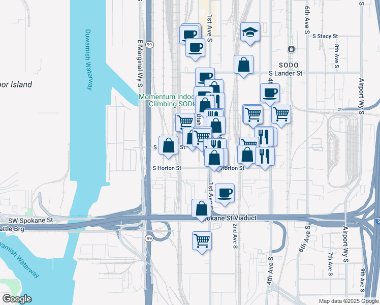 map of restaurants, bars, coffee shops, grocery stores, and more near 3201 Utah Avenue South in Seattle