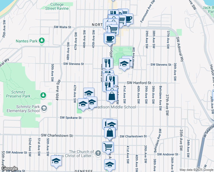 map of restaurants, bars, coffee shops, grocery stores, and more near 3200 44th Avenue Southwest in Seattle