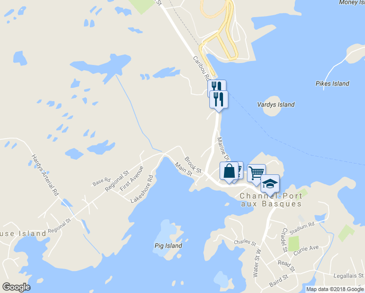 map of restaurants, bars, coffee shops, grocery stores, and more near 28 Brook Street in Channel-Port aux Basques