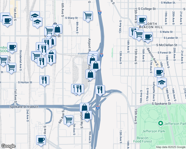 map of restaurants, bars, coffee shops, grocery stores, and more near 3150 Airport Way South in Seattle
