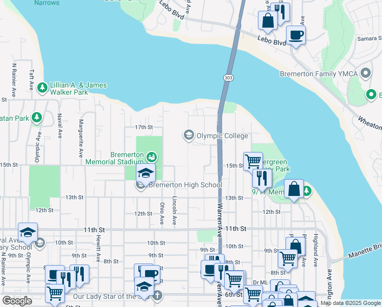 map of restaurants, bars, coffee shops, grocery stores, and more near 1600 Chester Avenue in Bremerton