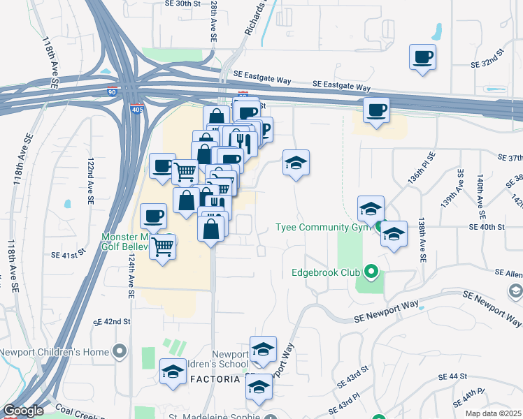 map of restaurants, bars, coffee shops, grocery stores, and more near 3811 130th Lane Southeast in Bellevue