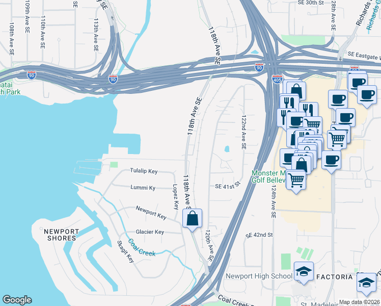 map of restaurants, bars, coffee shops, grocery stores, and more near 3930 Lake Washington Boulevard Southeast in Bellevue