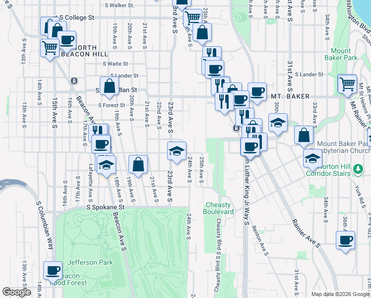 map of restaurants, bars, coffee shops, grocery stores, and more near 3111 Harris Place South in Seattle
