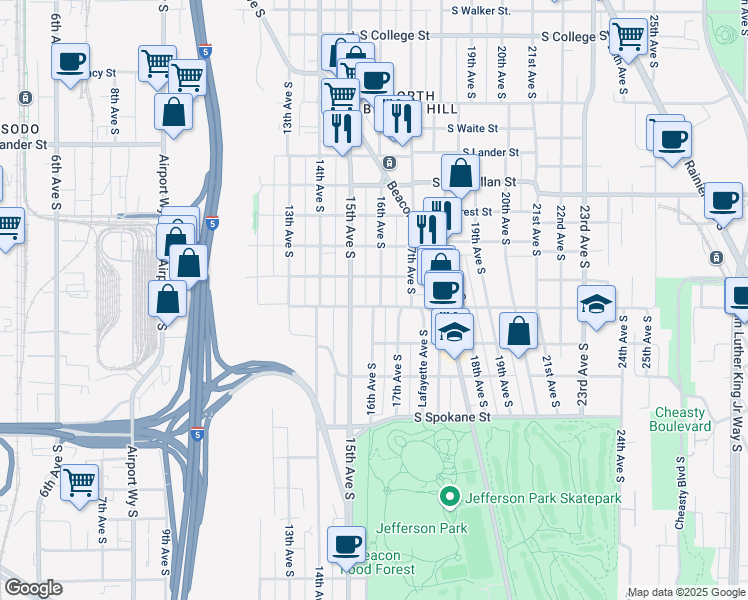 map of restaurants, bars, coffee shops, grocery stores, and more near 3114 15th Avenue South in Seattle