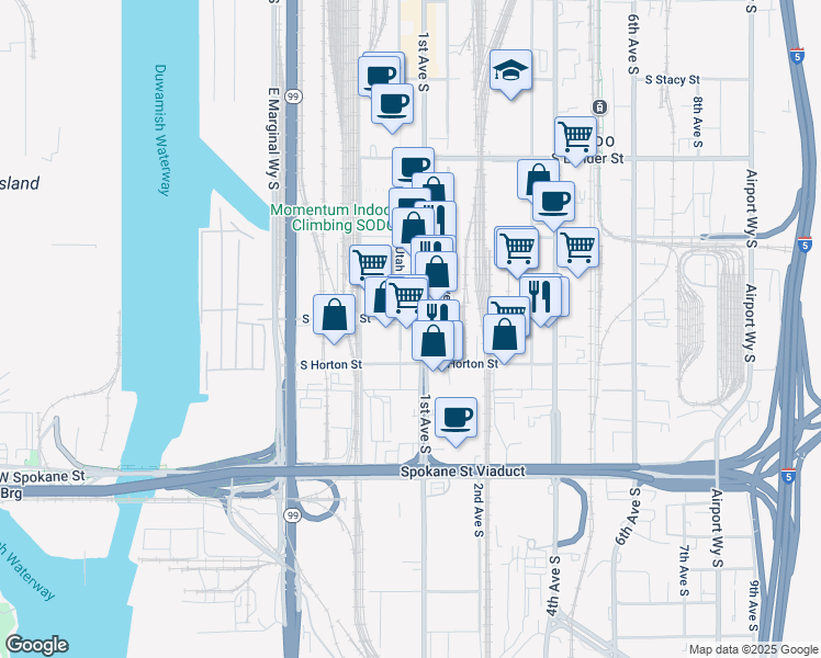 map of restaurants, bars, coffee shops, grocery stores, and more near 3200 1st Avenue South in Seattle