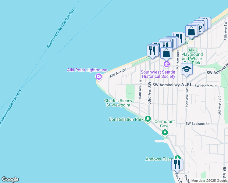 map of restaurants, bars, coffee shops, grocery stores, and more near 3217 Benton Place Southwest in Seattle