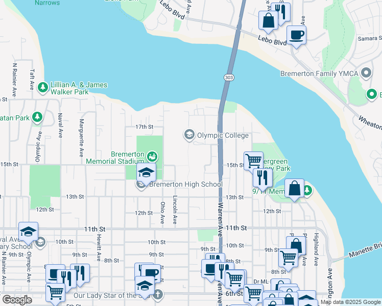 map of restaurants, bars, coffee shops, grocery stores, and more near in Bremerton