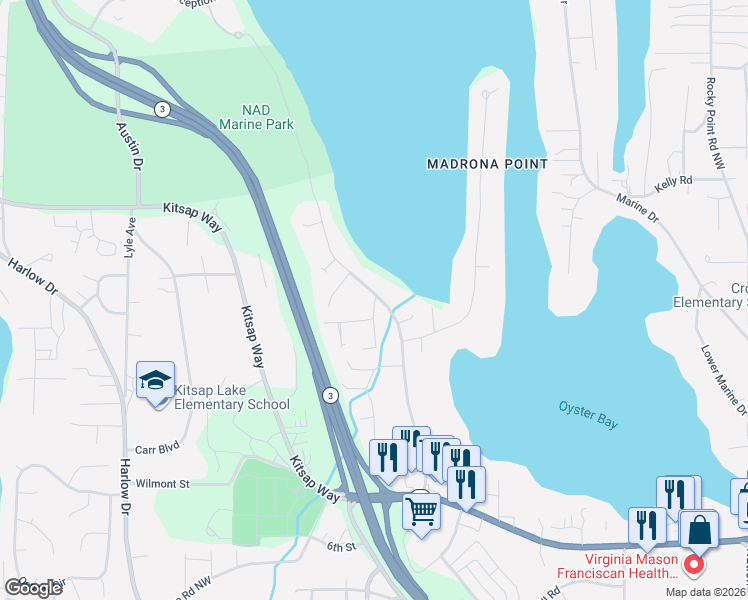 map of restaurants, bars, coffee shops, grocery stores, and more near 1504 Shorewood Drive in Bremerton