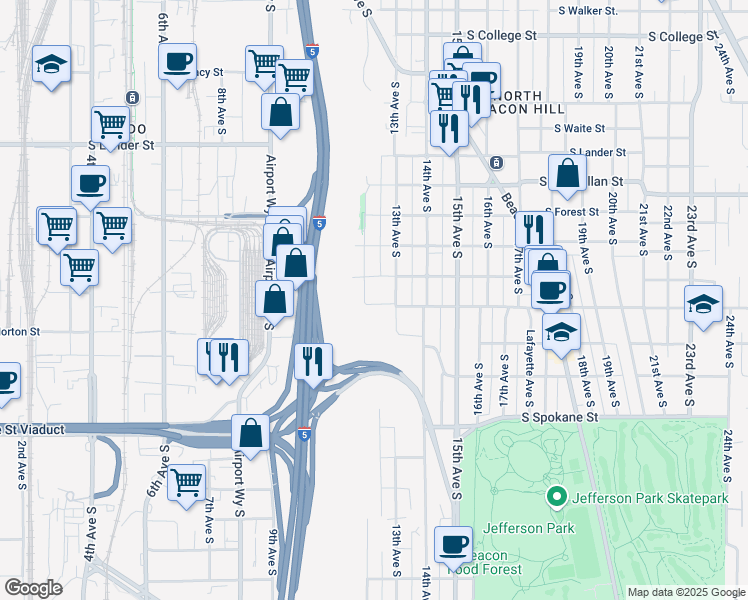 map of restaurants, bars, coffee shops, grocery stores, and more near 3115 12th Avenue South in Seattle