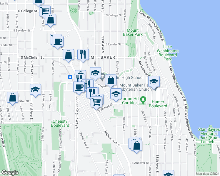 map of restaurants, bars, coffee shops, grocery stores, and more near 3223 South Hanford Street in Seattle