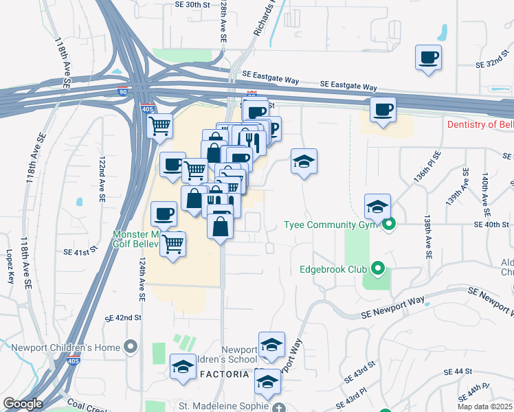 map of restaurants, bars, coffee shops, grocery stores, and more near 12903 Southeast 38th Street in Bellevue