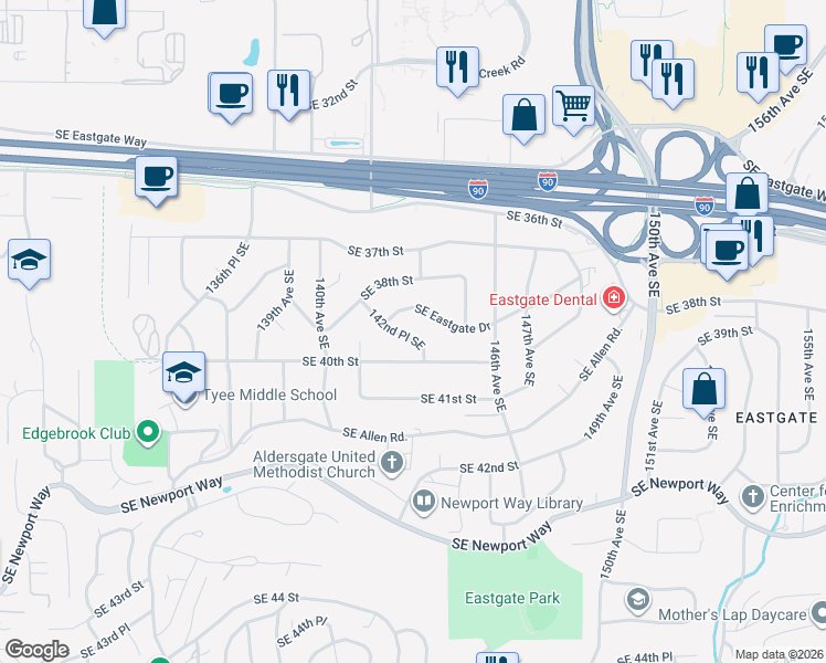 map of restaurants, bars, coffee shops, grocery stores, and more near 3860 142nd Place Southeast in Bellevue
