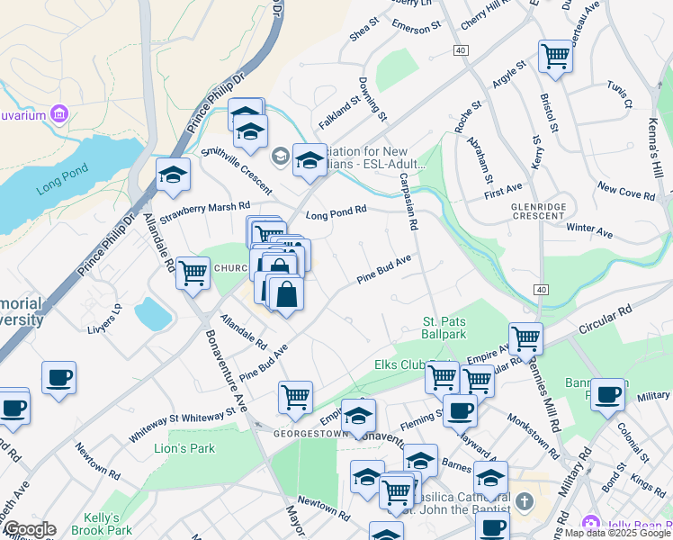 map of restaurants, bars, coffee shops, grocery stores, and more near 4 Beech Place in St. John's