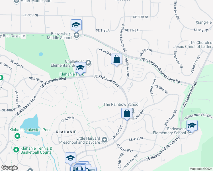 map of restaurants, bars, coffee shops, grocery stores, and more near 25235 Southeast Klahanie Boulevard in Issaquah