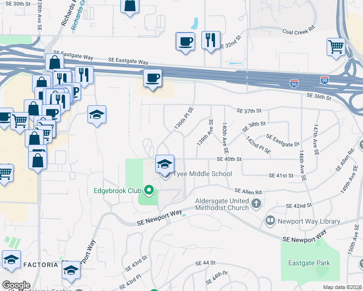 map of restaurants, bars, coffee shops, grocery stores, and more near 3811 138th Avenue Southeast in Bellevue
