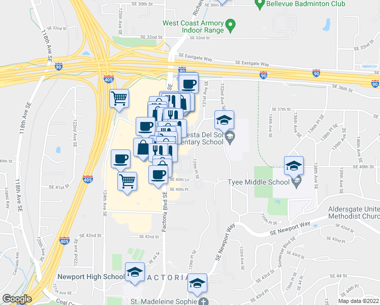 map of restaurants, bars, coffee shops, grocery stores, and more near 12903 Southeast 38th Street in Bellevue