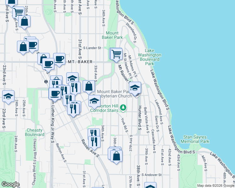 map of restaurants, bars, coffee shops, grocery stores, and more near 2974 36th Avenue South in Seattle