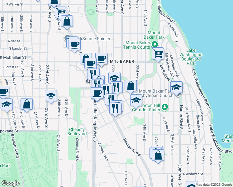 map of restaurants, bars, coffee shops, grocery stores, and more near 3015 South Hanford Street in Seattle