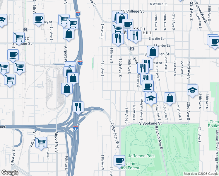 map of restaurants, bars, coffee shops, grocery stores, and more near 3114 14th Avenue South in Seattle