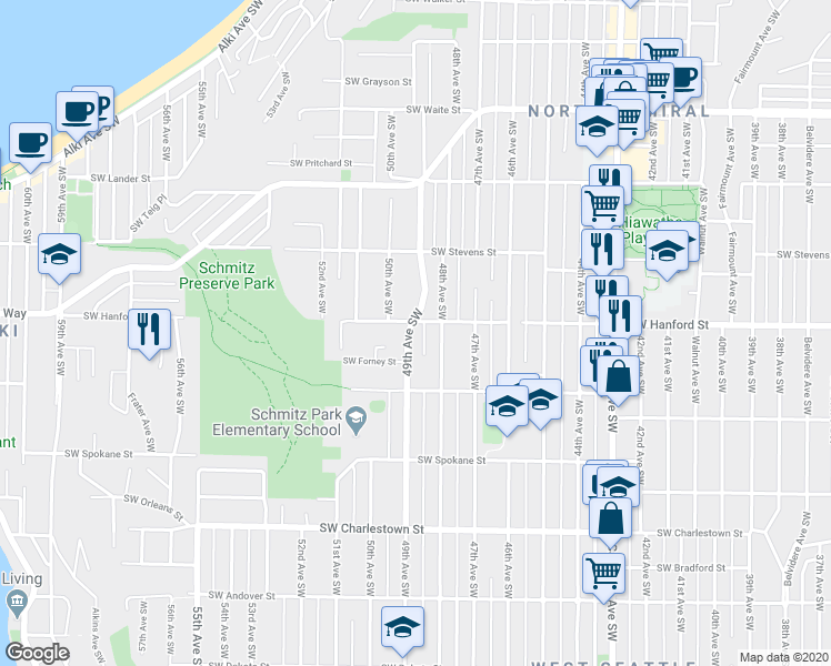 map of restaurants, bars, coffee shops, grocery stores, and more near 3203 48th Avenue Southwest in Seattle