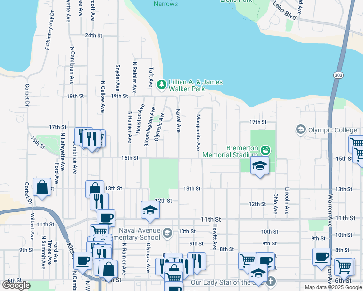 map of restaurants, bars, coffee shops, grocery stores, and more near in Bremerton