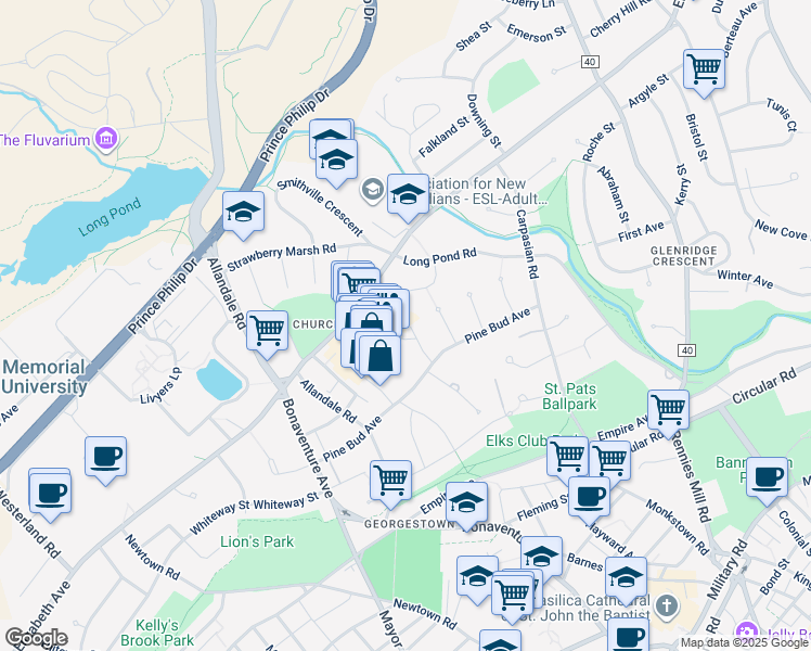 map of restaurants, bars, coffee shops, grocery stores, and more near in St. John's
