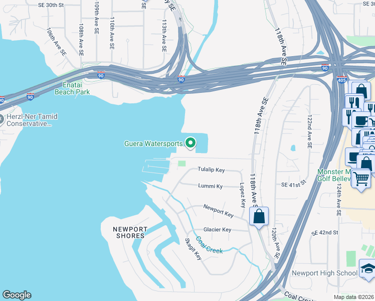 map of restaurants, bars, coffee shops, grocery stores, and more near 3911 Lake Washington Boulevard Southeast in Bellevue