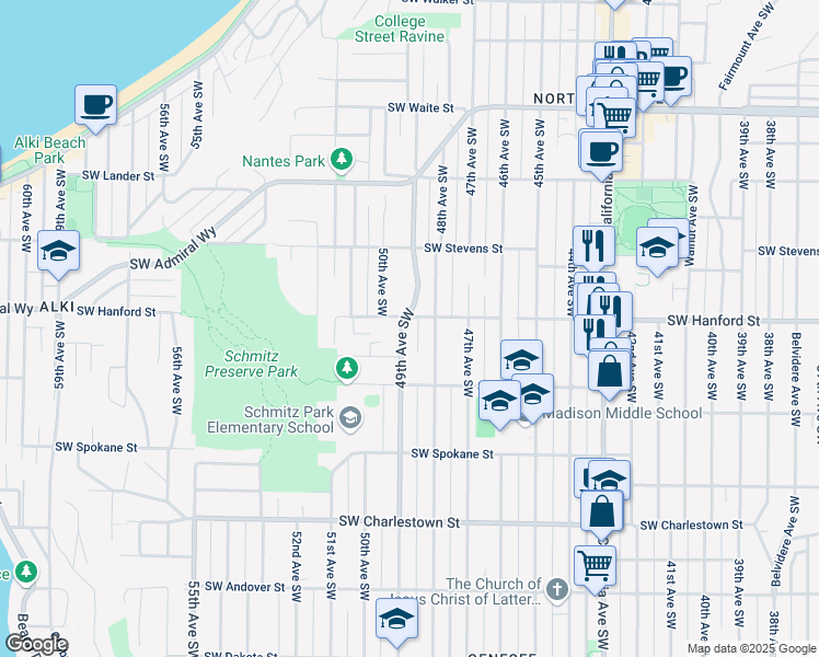 map of restaurants, bars, coffee shops, grocery stores, and more near 3203 48th Avenue Southwest in Seattle