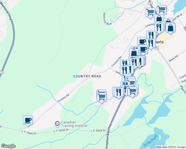map of restaurants, bars, coffee shops, grocery stores, and more near 34 Country Road in Coley's Point South
