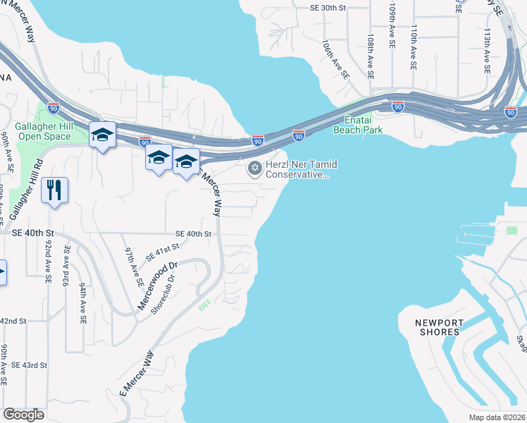 map of restaurants, bars, coffee shops, grocery stores, and more near 3838 East Mercer Way in Mercer Island