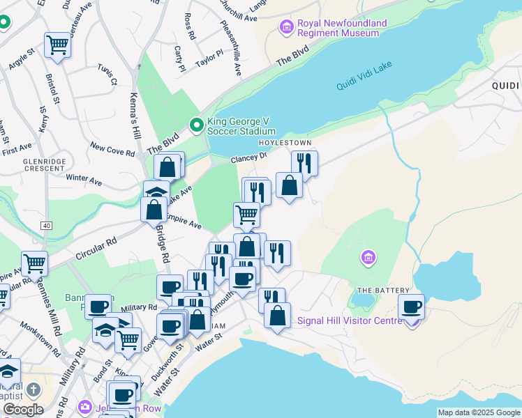 map of restaurants, bars, coffee shops, grocery stores, and more near 130 Quidi Vidi Road in St. John's