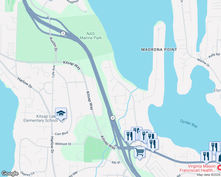 map of restaurants, bars, coffee shops, grocery stores, and more near 5308 Harbor Ridge in Bremerton