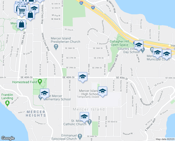 map of restaurants, bars, coffee shops, grocery stores, and more near 3911 88th Avenue Southeast in Mercer Island