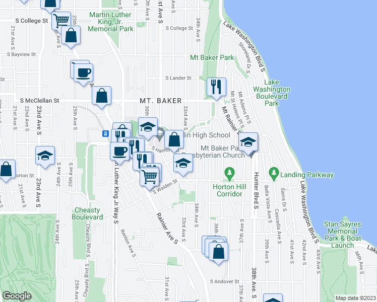 map of restaurants, bars, coffee shops, grocery stores, and more near 3124 33rd Avenue South in Seattle