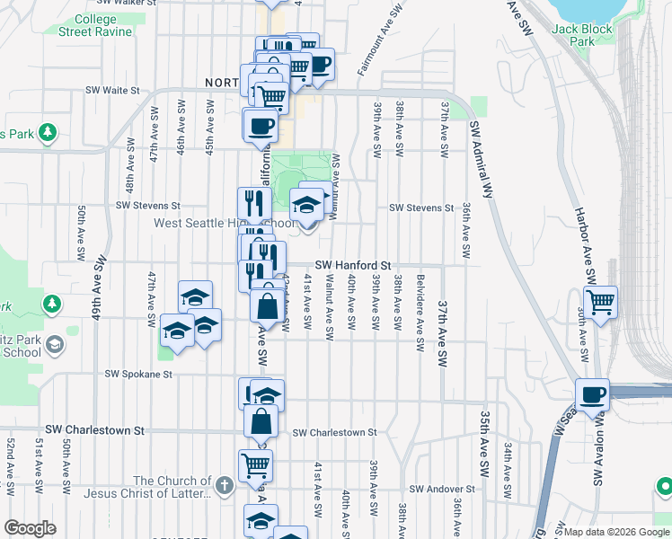 map of restaurants, bars, coffee shops, grocery stores, and more near 4019 Southwest Hanford Street in Seattle