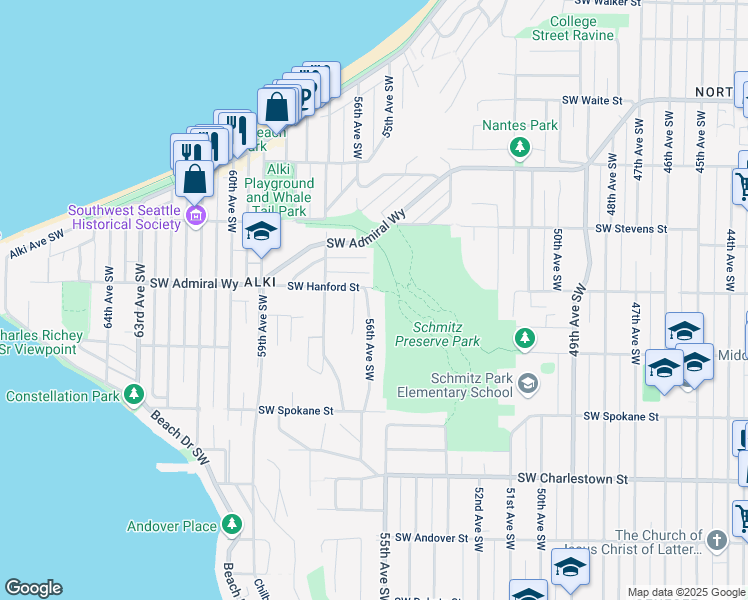 map of restaurants, bars, coffee shops, grocery stores, and more near 3208 56th Avenue Southwest in Seattle