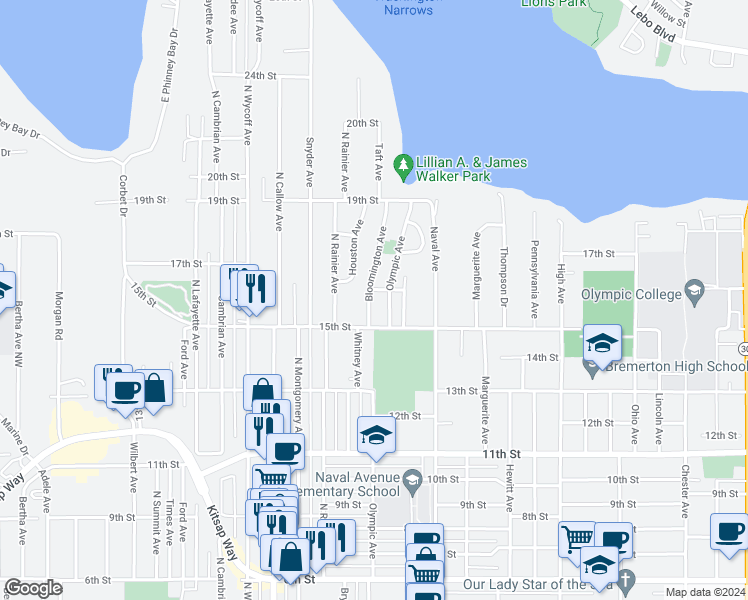 map of restaurants, bars, coffee shops, grocery stores, and more near 1522 Olympic Avenue in Bremerton