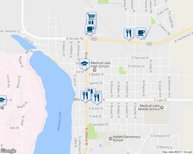 map of restaurants, bars, coffee shops, grocery stores, and more near 320 North Broad Street in Medical Lake
