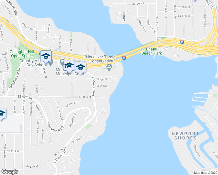 map of restaurants, bars, coffee shops, grocery stores, and more near 3838 East Mercer Way in Mercer Island