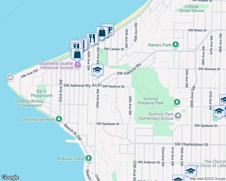 map of restaurants, bars, coffee shops, grocery stores, and more near 5709 Southwest Hanford Street in Seattle