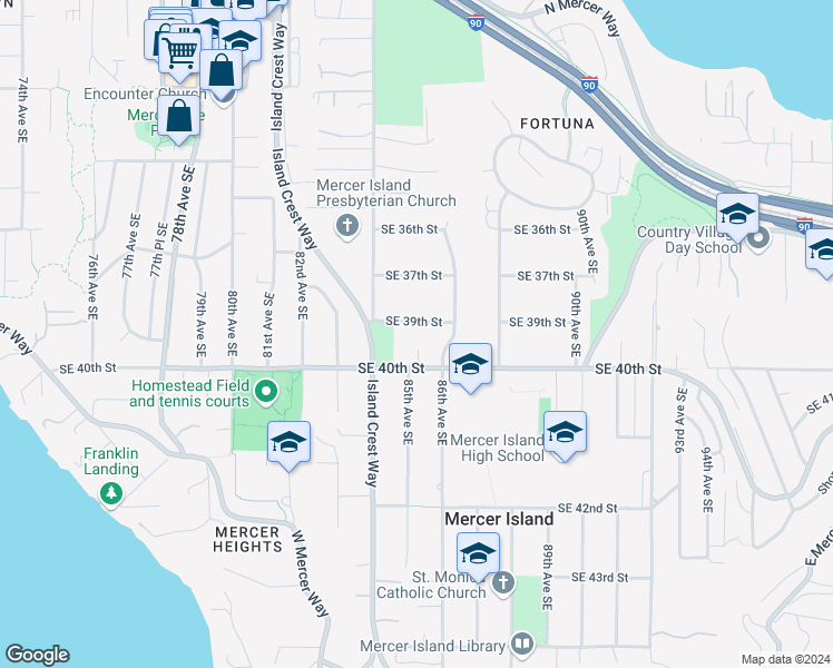map of restaurants, bars, coffee shops, grocery stores, and more near 8439 Southeast 39th Street in Mercer Island